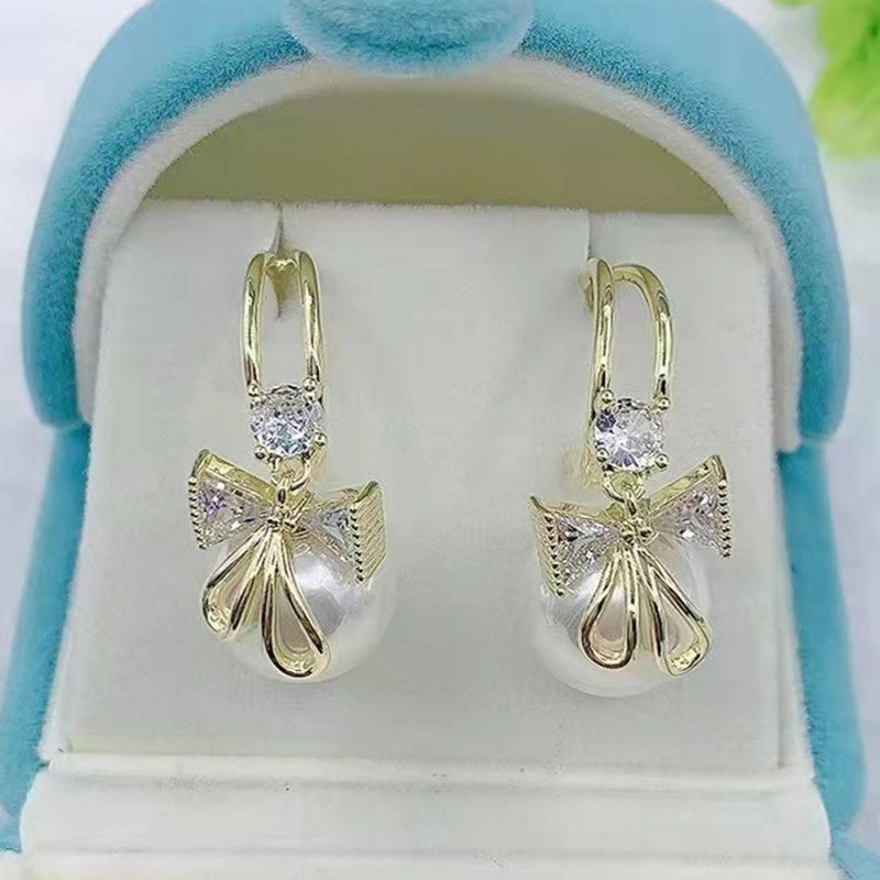 Luxury Diamond Pearl Bow Earrings for Women’s Events
