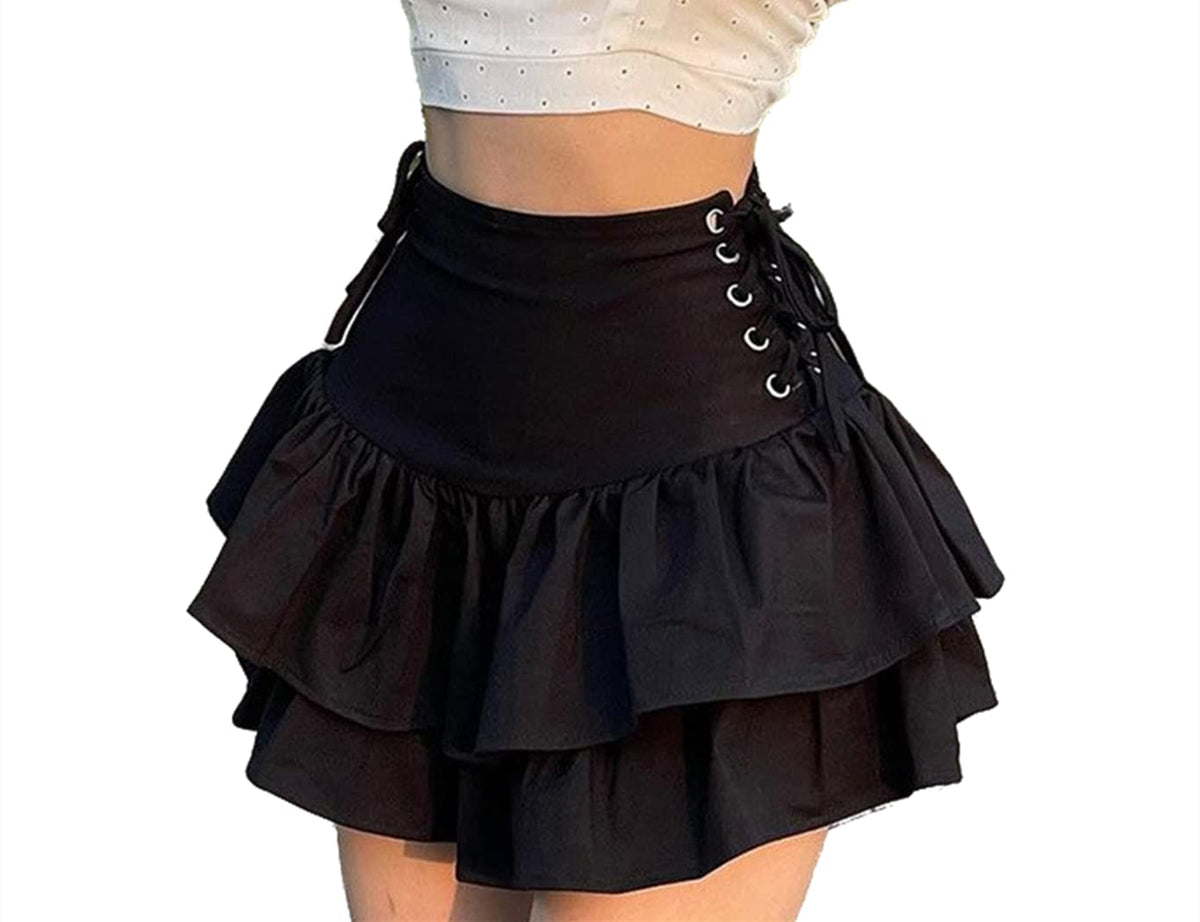 win2win Women Gothic Skirt Fairy Grunge Aesthetic Lolita Mall Goth Black Mini Skirts 2000s E Girl Clothing Fluffy Ruffle Lace-Up