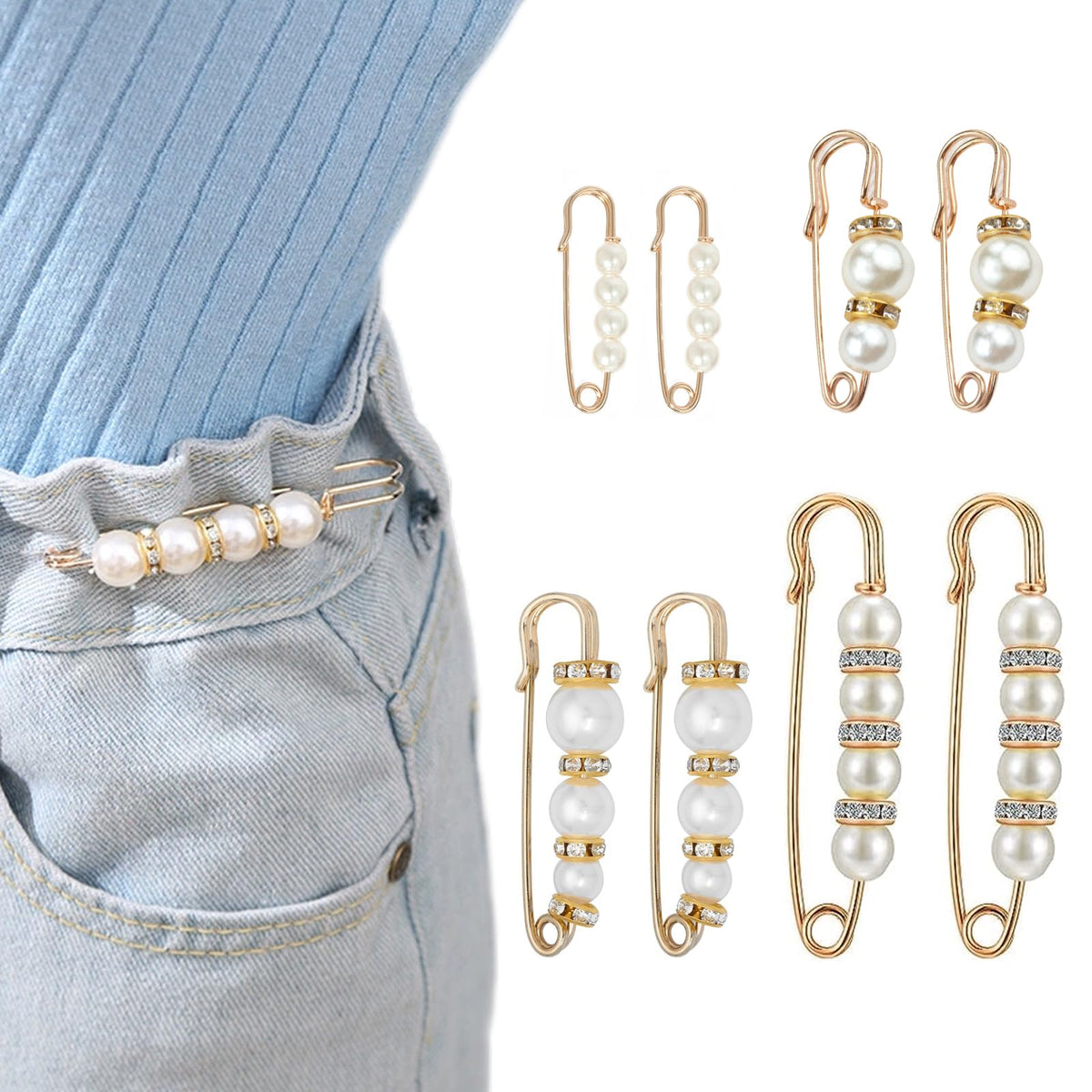 heqxwl 8 Pcs Pearl Brooch PinsSafety Pins for Clothing Dress Pants Skirt Cardigan Collar,Faux Pearl Rhinestones Brooches for Women Girls Pants Extender Safety Pins (Set-A)