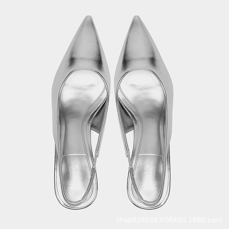 Summer New Silver Pointed Toe Chunky Heel Sandals