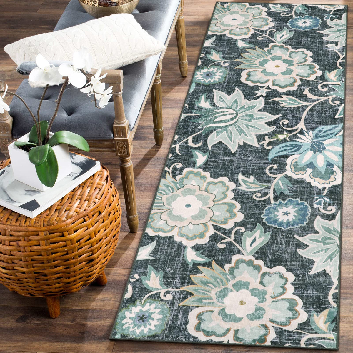 Beeiva Floral Washable Runner Rugs 2x6 Runner Rugs Ultra Thin Blue Vintage Plant Hallway Runner Rugs with Rubber Backing Lightweight Kitchen Runner Rug for Hallways Bedroom Entryway Laundry Room