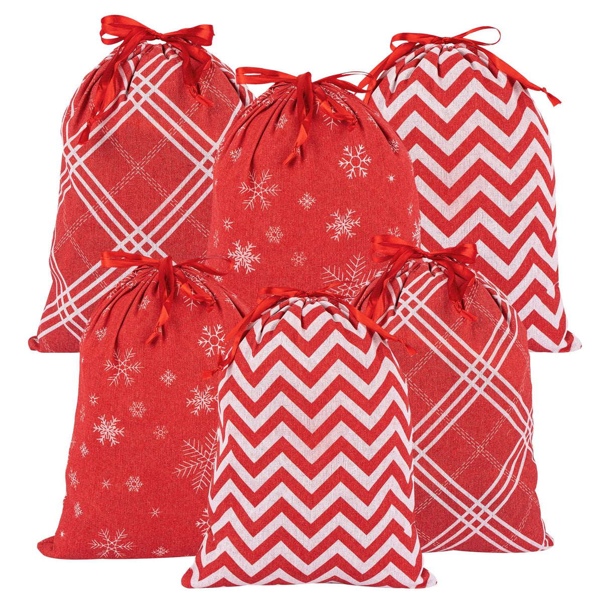 joycraft 6Pcs Christmas Drawstring Bags Red Cotton Christmas Gift Bags Assorted Size Christmas Wrapping Sacks Christmas Cloth Pouches for Gift Box Doll Toy Large Christmas Presents