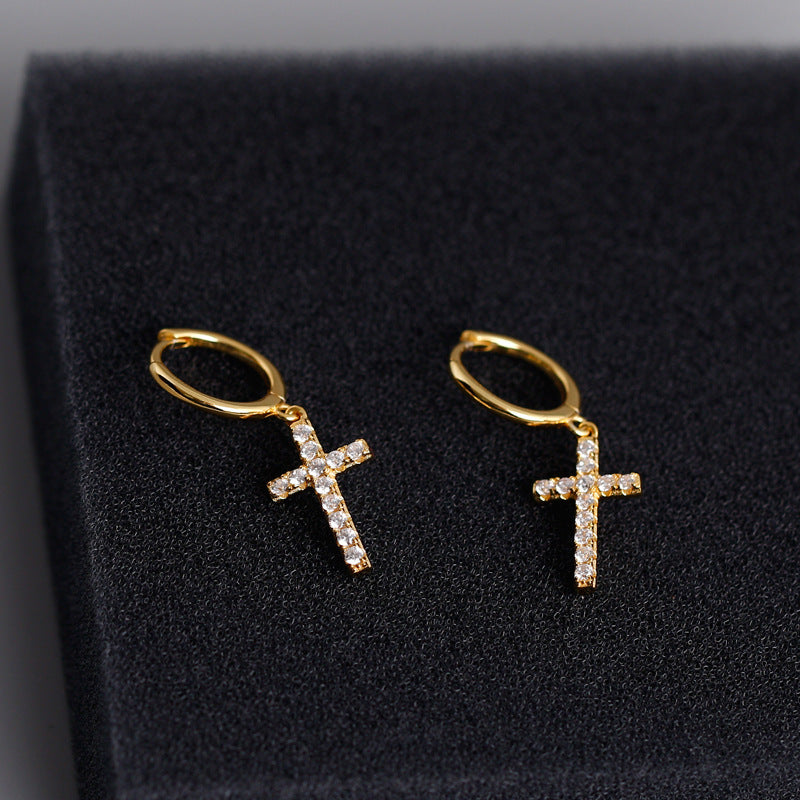 S925 Silver Cross Stud Earrings with Diamonds