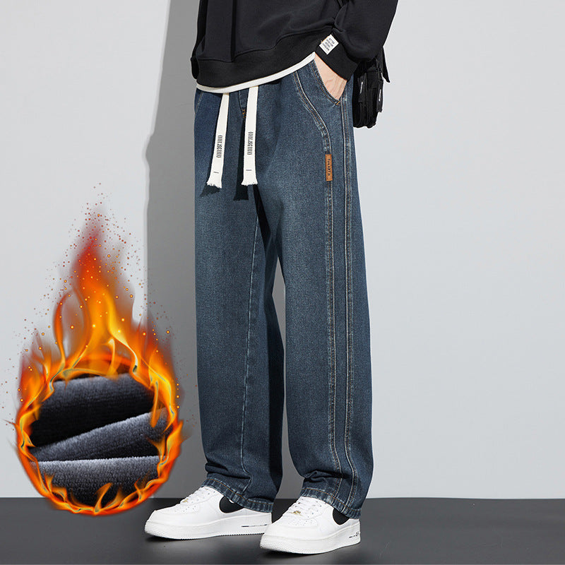 Men's Loose Straight Jeans with Fleece Lining