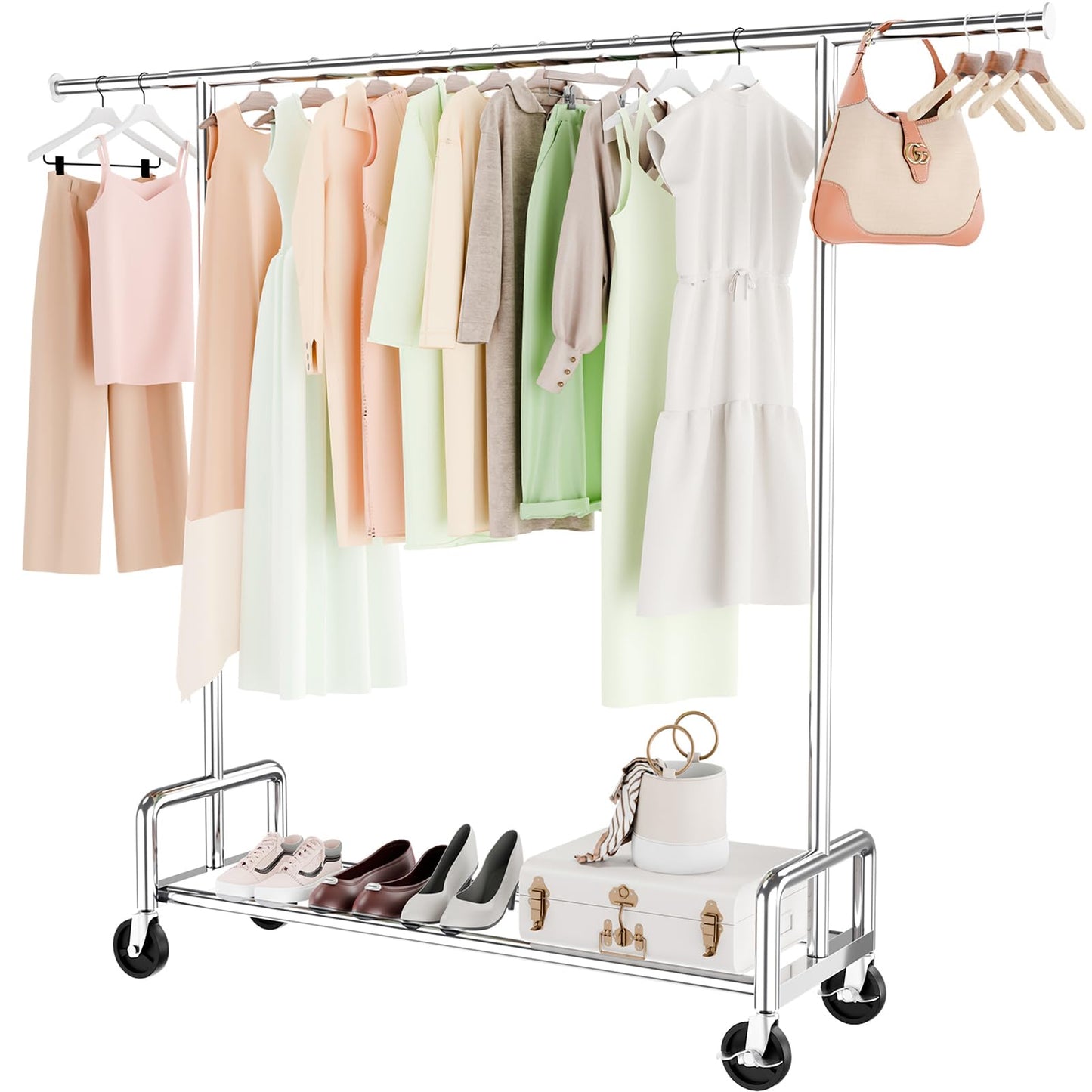 Simple Trending Heavy Duty Clothing Clothes Rack with Wheels for Hanging Metal Rolling Garment Rack Organizer Load 500 LBS Chrome