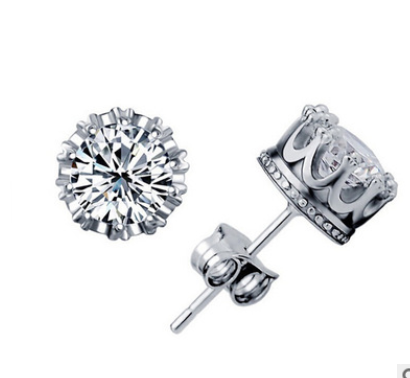 Korean Crown Stud Earrings Diamond Studded Wholesale Alloy Jewelry Zircon Earrings Women Allergy Silver Stud Earrings