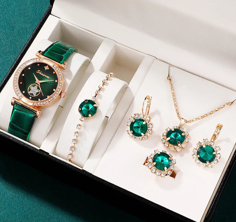 5-Piece Green Fashion Jewelry Set: Watch, Earrings, Necklace, Bracelet, Ring
