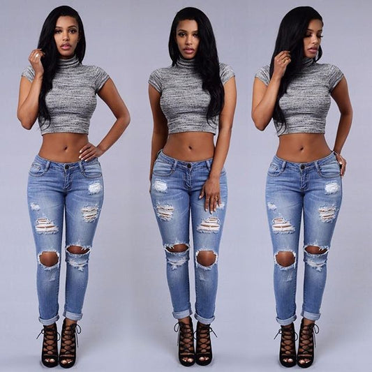 Elastic Cotton Ripped Boyfriend Pencil Jeans