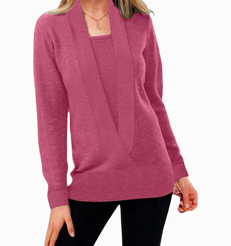 Women’s Knitted Solid Color Deep V-neck Sweater