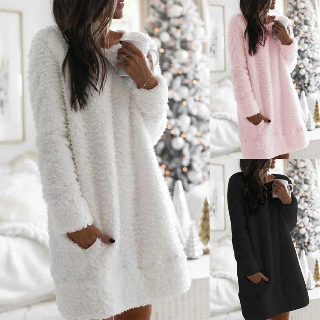 Women’s Casual Plush Round Neck Pocket Dress