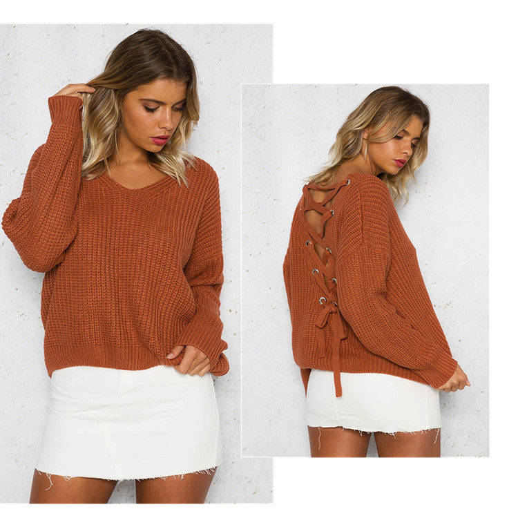 Fall Fashion Women’s Knit Sweater with Cross Back Design