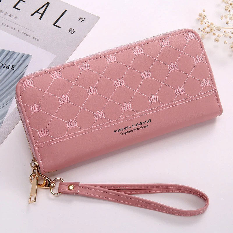 Long Crown Embroidery Women’s Single Zip Clutch Wallet
