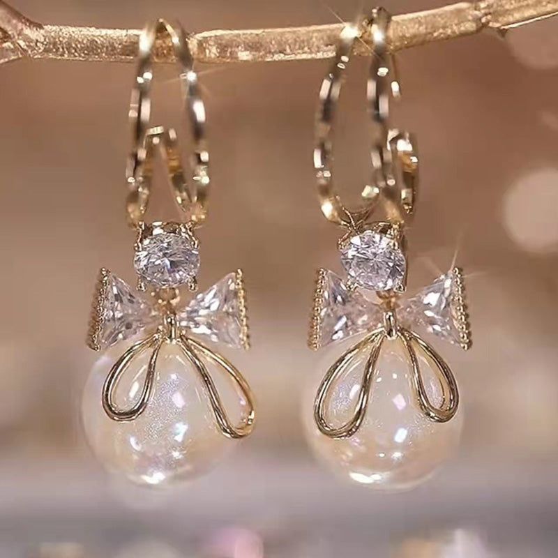 Luxury Diamond Pearl Bow Earrings for Women’s Events