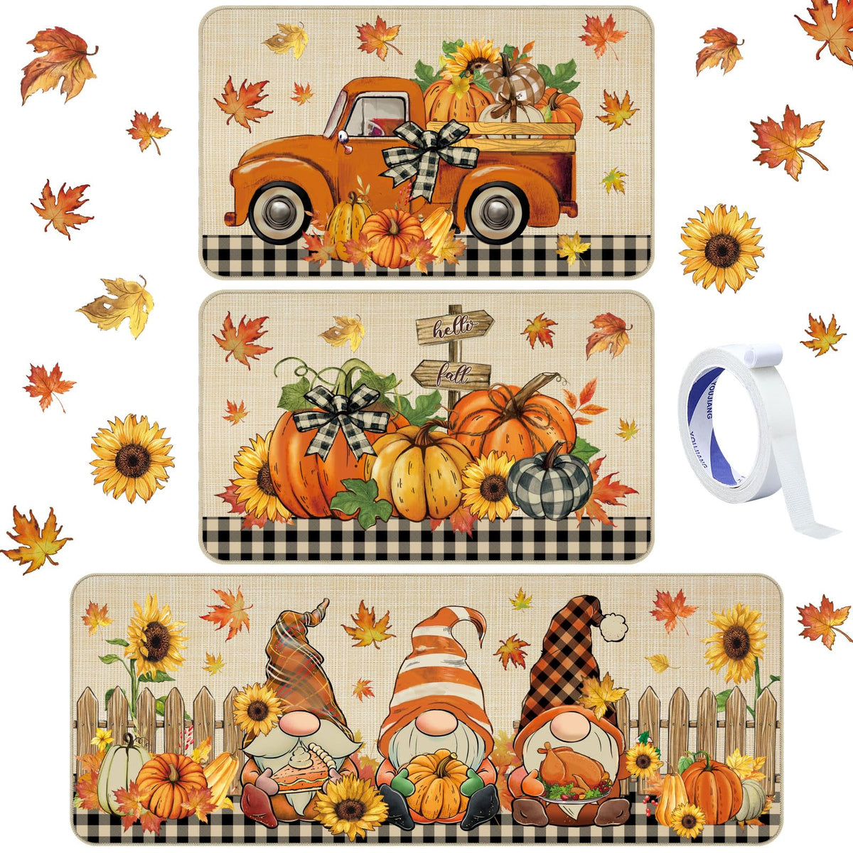 Drydiet 3 Pcs Fall Thanksgiving Kitchen Mat Washable Kitchen Rug Non Slip Doormat Waterproof Kitchen Rugs and Mats Farmhouse Holiday Kitchen Decor for Home Floor Office Bathroom Party Rustic Decor