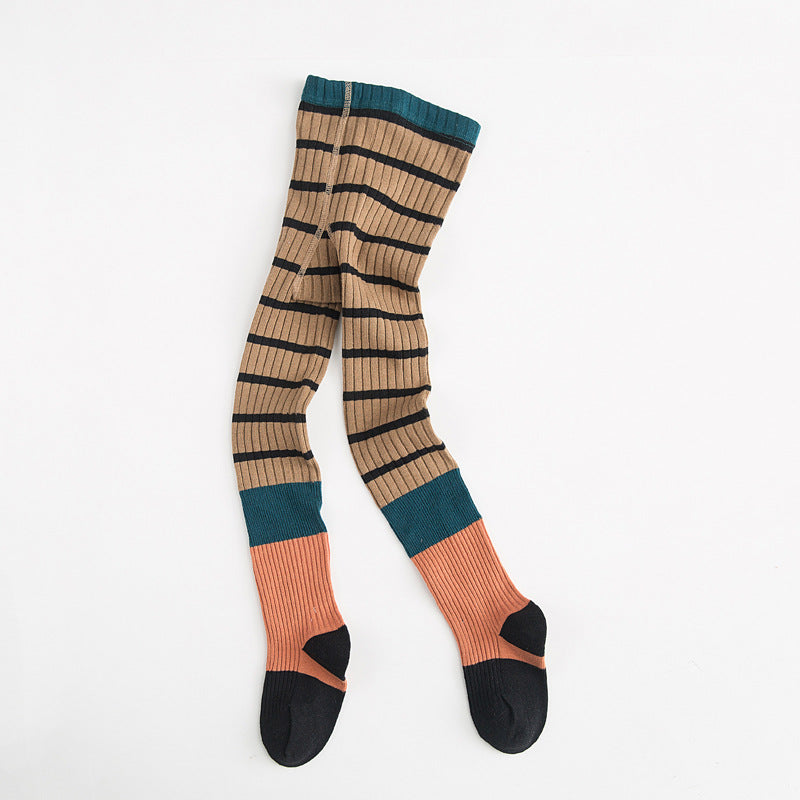 Striped Color Block Cotton Tights for Girls