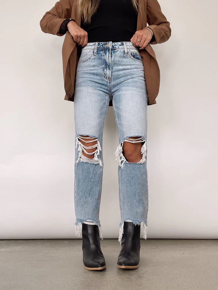 Retro High-Waisted Ripped Straight Leg Jeans for Women