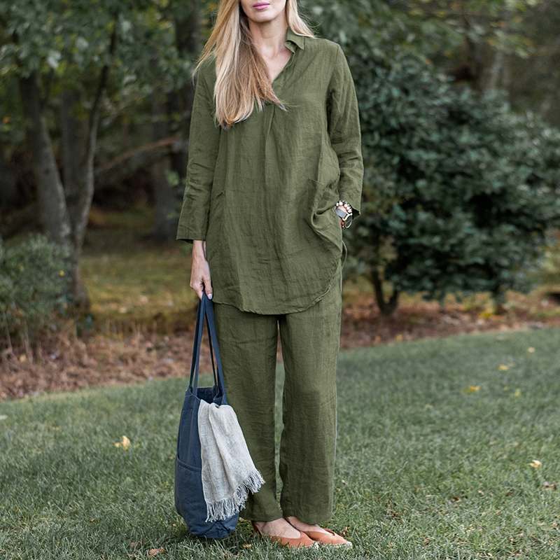2023 Elegant Casual Loose Shirt and Wide Leg Pants Set