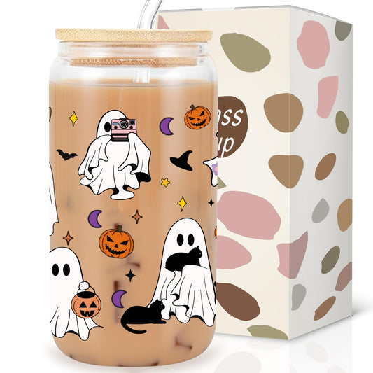 Pfkfo Halloween Ghost Glass Cups with Lids Straws Halloween Cute Ghost Cat Ghost Dog Gifts for Women Cat Lovers Cute Halloween Spooky Gifts for Book Lovers 16oz Iced Coffee Cup Halloween Gifts