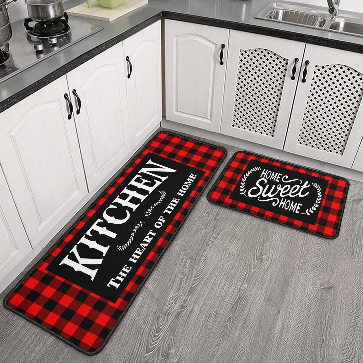 Haretu Framhouse Kitchen Rugs and Mats Set of 2 Black and Red Buffalo Plaid Non-Slip Floor Mat for Home Kitchen Christmas Decor - 17x29 and 17x47 Inch