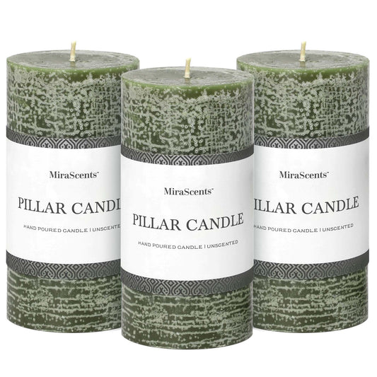 3x6 Inch Moss Green Pillar Candles Set of 3 - Unscented Spring Candles Long Clean Burning Large Big Candles Smokeless Dripless Candles for Spring Home Decor Dinner Table Bathroom Rustic Decor