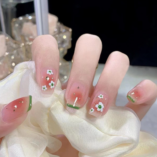 Summer French Blush Floral Short Manicure Nail Set