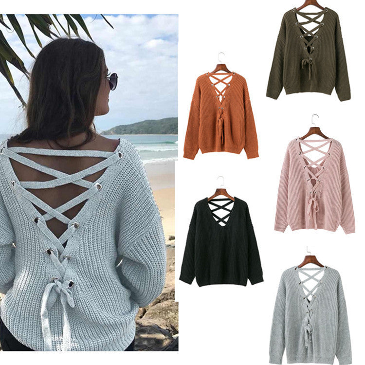 Fall Fashion Women’s Knit Sweater with Cross Back Design