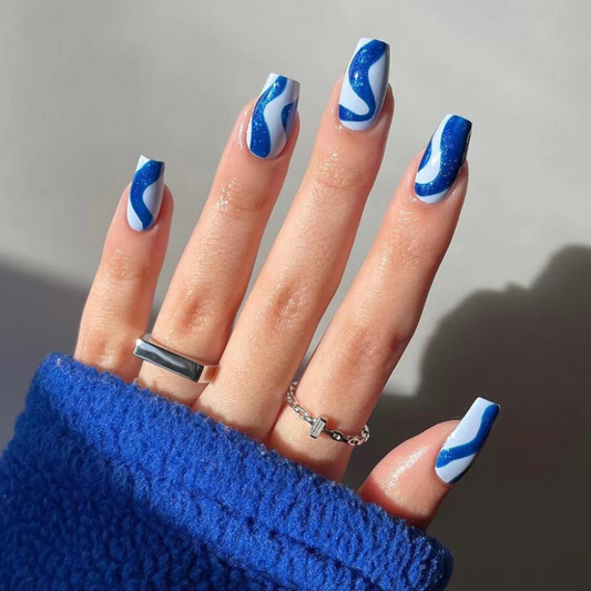 Wearable Short Ballet Blue Glitter Wave Nail Patch