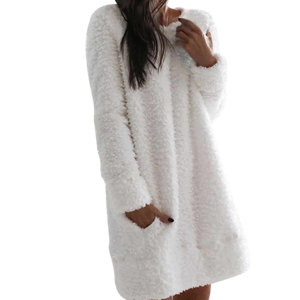 Women’s Casual Plush Round Neck Pocket Dress