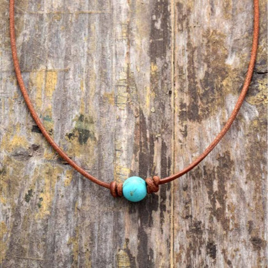 Natural Stone Turquoise Leather Woven Necklace