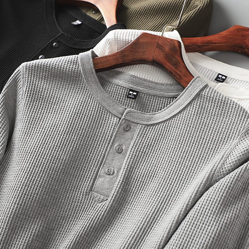 Men's Casual Long Sleeve T-Shirt in Solid Color Waffle
