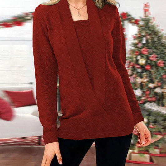 Women’s Knitted Solid Color Deep V-neck Sweater