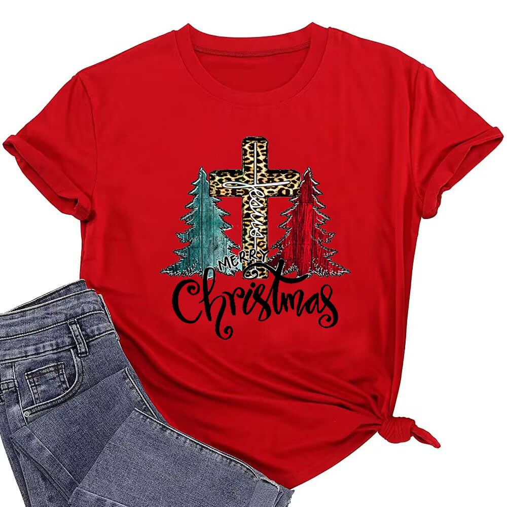 Christmas Shirts for Women Vintage Christmas Tree Graphic Print Christmas Holiday T Shirts Winter Casual Short Sleeve Christmas Jesus Tee Tops(Red XXL)