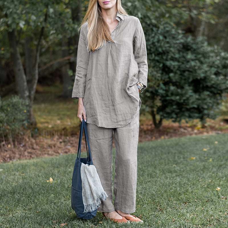 2023 Elegant Casual Loose Shirt and Wide Leg Pants Set