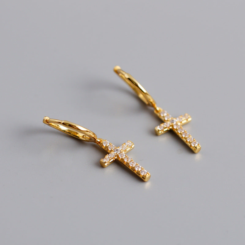 S925 Silver Cross Stud Earrings with Diamonds