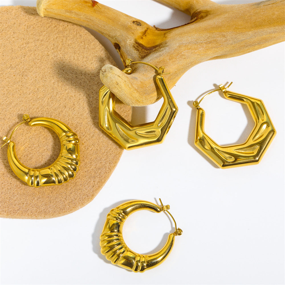 French Style Minimalist Bamboo Hoop Earrings in Titanium Steel