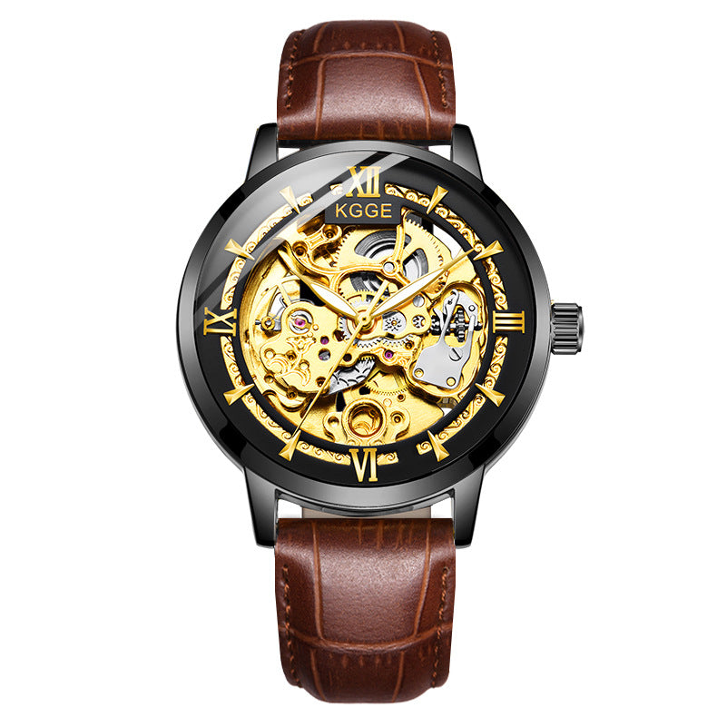 Fashion Hollow Mechanical Watch with Leather Strap