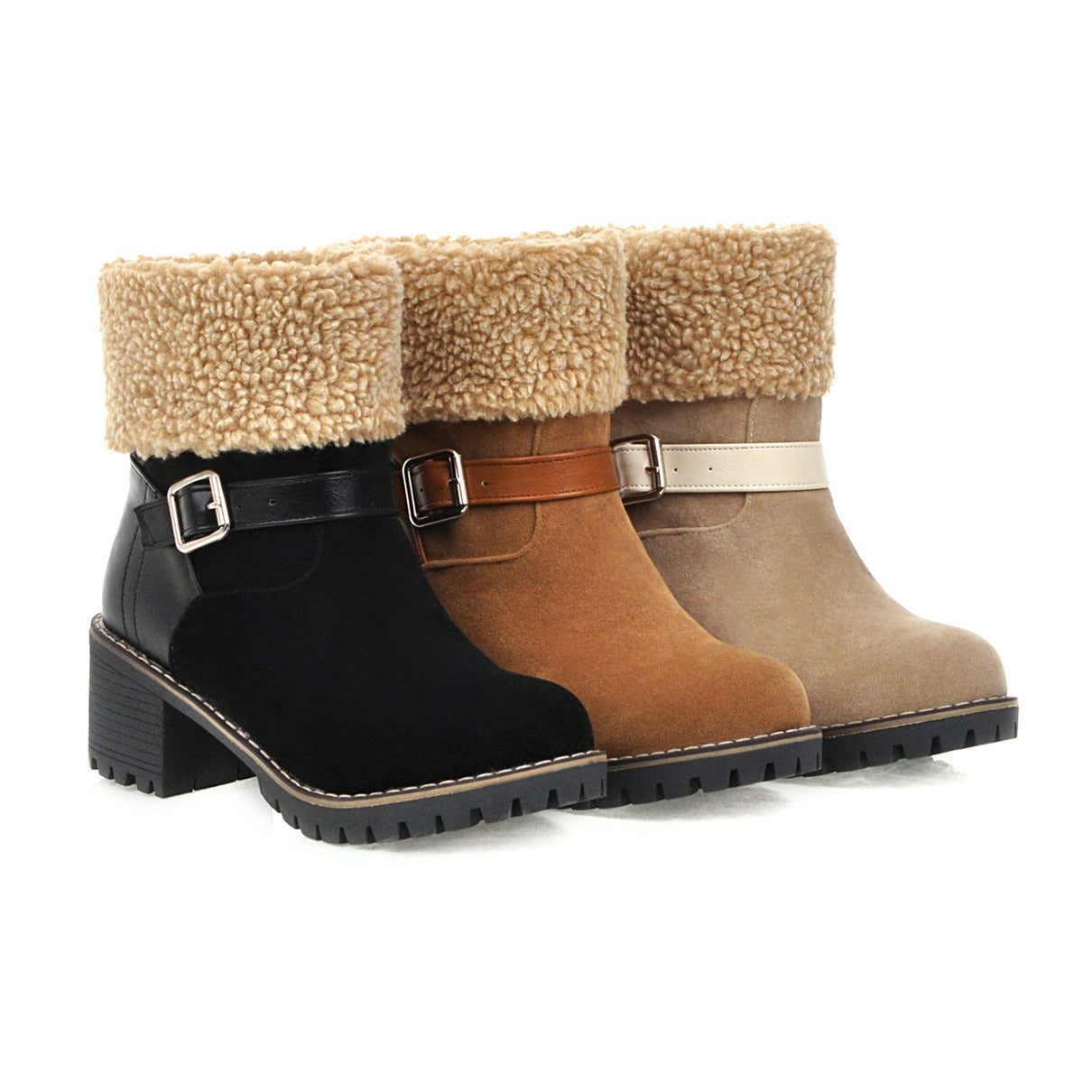 Women's Round Toe Short Boots with Thick Heel and Buckle