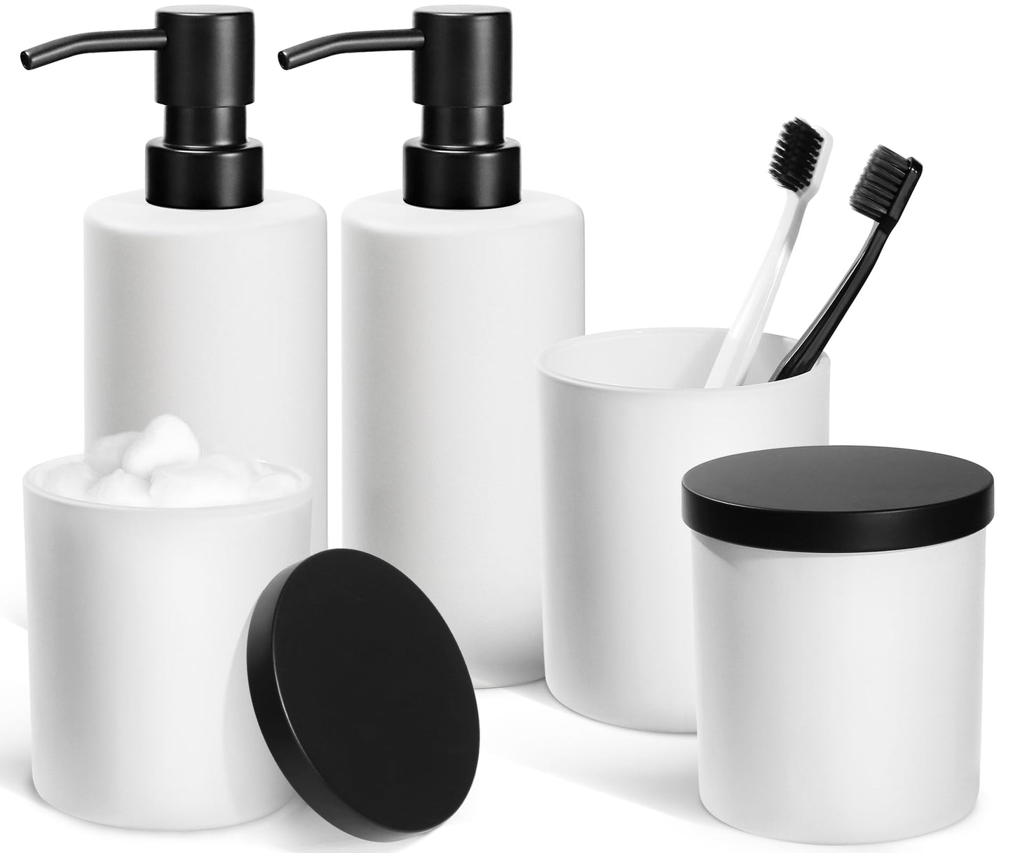 ALPIRIRAL White Bathroom Accessories Set 5 Pcs Bathroom Accessories Set Glass Soap Dispenser and Toothbrush Holder Set Qtip Holder and Cotton Ball Holder Modern Bathroom Decor Sets