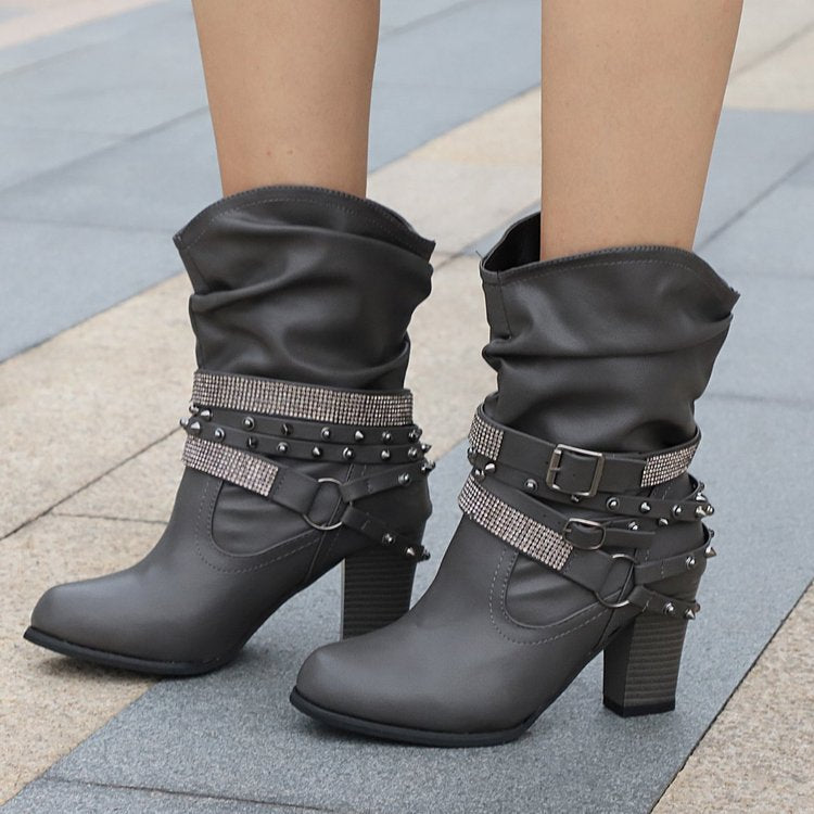 Rhinestone Belt Buckle Women’s Leather Boots