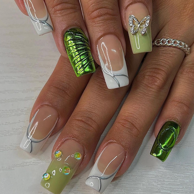 Diamond Style Aurora Green Nail Art with Butterflies