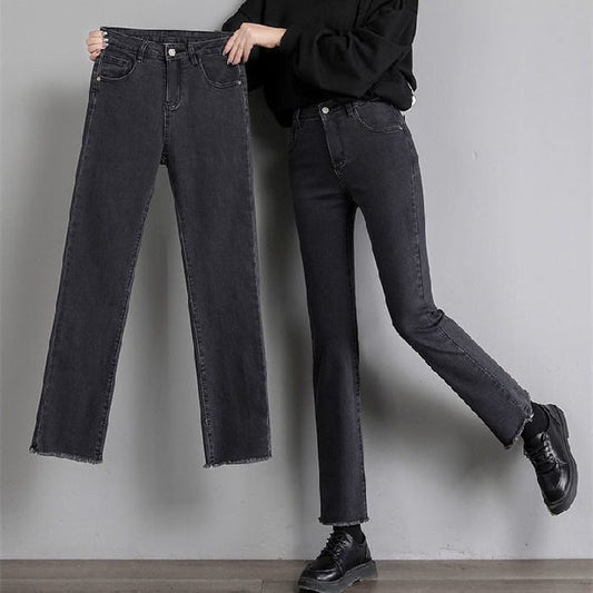 Cropped High Waist Slim Black Straight-leg Jeans