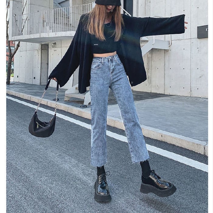 Cropped High Waist Slim Black Straight-leg Jeans