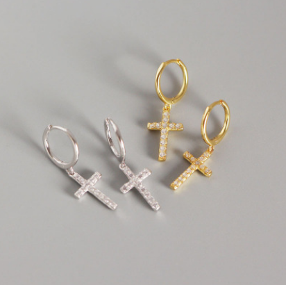 S925 Silver Cross Stud Earrings with Diamonds