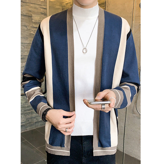 Men's Fashion Color-block Striped Knit Cardigan