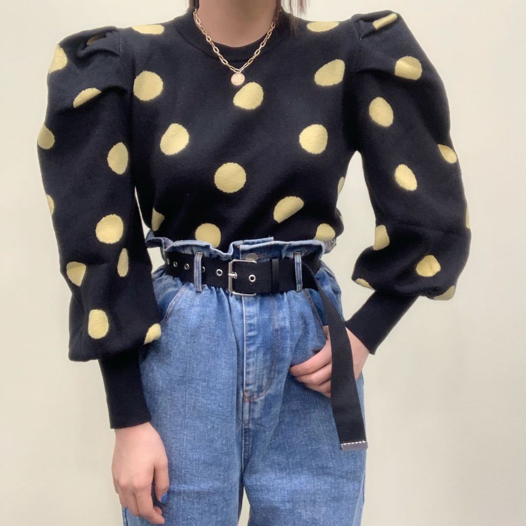 2020 Fall Women’s Bubble Sleeve Polka Dot Knit Sweater