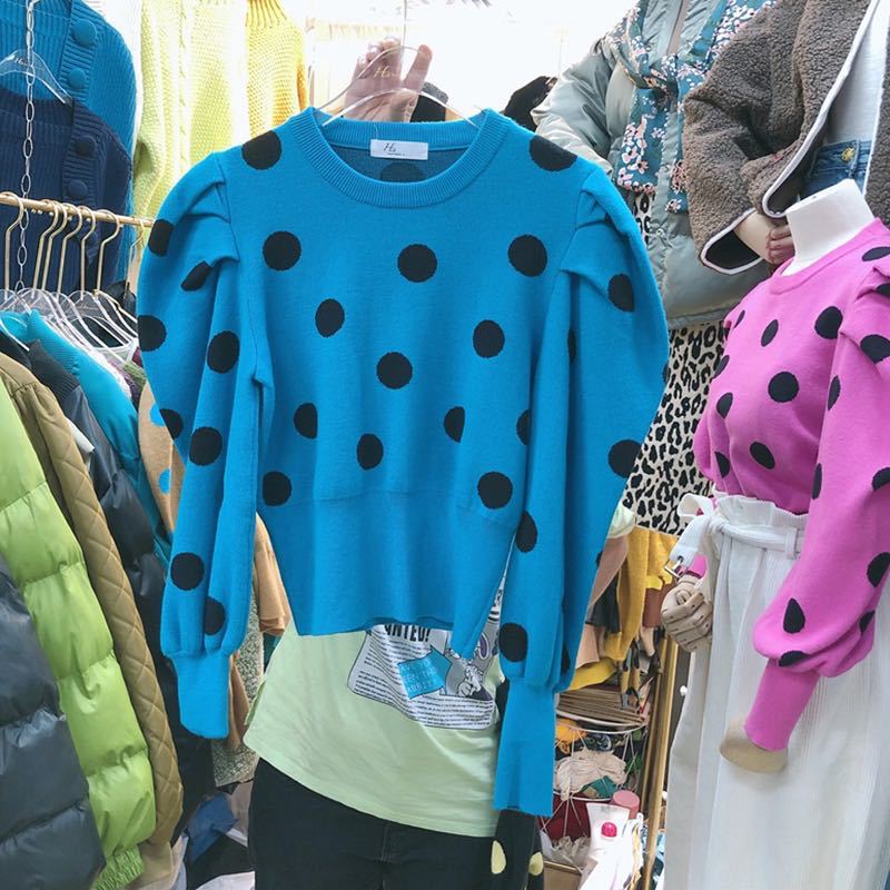 2020 Fall Women’s Bubble Sleeve Polka Dot Knit Sweater