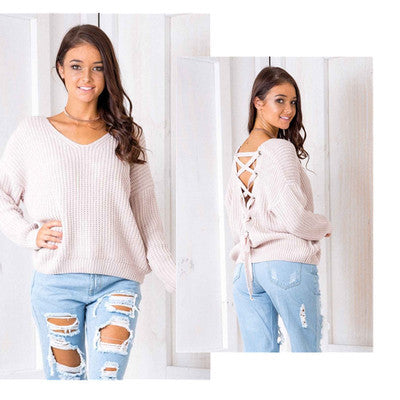 Fall Fashion Women’s Knit Sweater with Cross Back Design