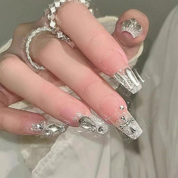 Broken Diamond Baroque Style Fake Nail Pieces - Pink