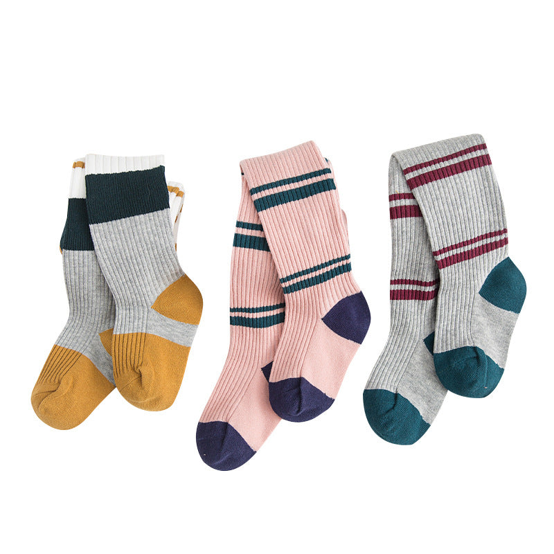 Striped Color Block Cotton Tights for Girls