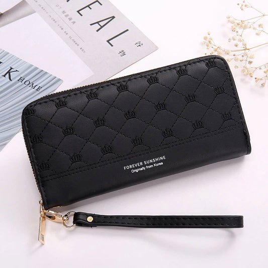 Long Crown Embroidery Women’s Single Zip Clutch Wallet